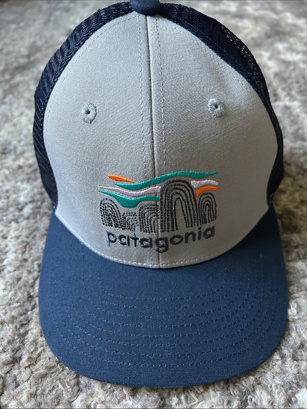 Patagonia Kids Two-Tone Trucker Hat in Gray & Navy with Colorful Logo